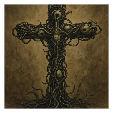 a cross made of twisted wires and organic forms, inspired by Giger, biomechanical aesthetic sticker