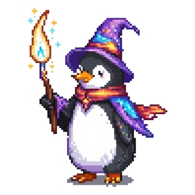 Penguin wizard casting a magic spell, with magical sparkles sticker