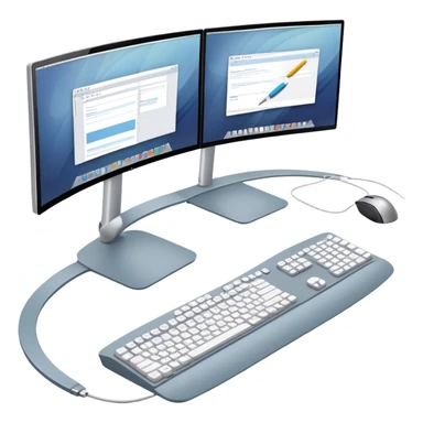 Create an emoji for UX/UI design. Show two large curved monitors displaying UX/UI design interfaces. Include a mouse, keyboard, and stylus next to the screens. Use modern, professional colors. Do not include any emojis or smiley faces. Make the background transparent. sticker