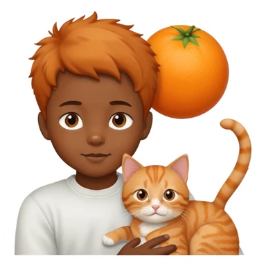 black little boy holding a an orange cat sticker