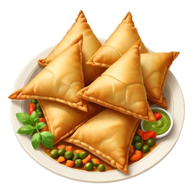 Cinematic Realistic Samosas Dish Emoji, depicted as golden, crispy pastry pockets filled with spiced vegetables rendered with detailed textures and appetizing lighting. sticker