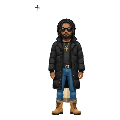 African American man with shoulder length black dreadlocks with black beard wearing black sunglasses wearing a black bubble winter coat  wearing denim skinny jeans and timberland boots standing in front of a Christian church sticker