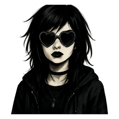 emo girl with heart-shaped sunglasses, dark hair, mysterious vibe sticker
