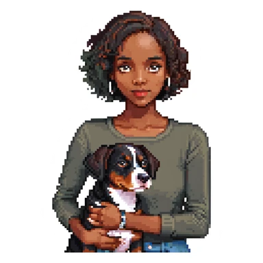 dark-skinned woman holding an Entlebucher Sennenhund, cute and expressive, simple background sticker