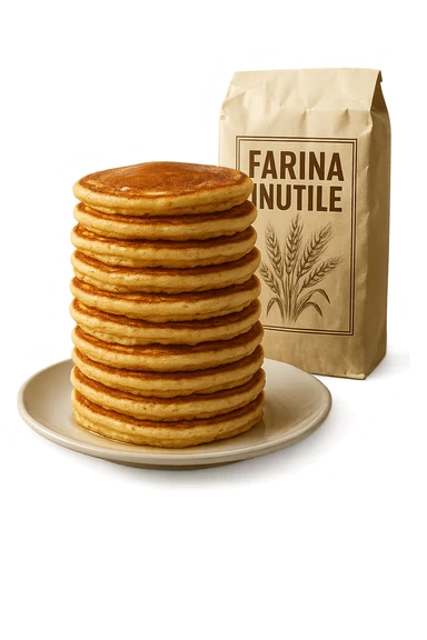 UN PIATTO CON TORRETTA DI PANCAKE E UN PACCO DI FARINA DIETRO CON LA SCRITTA "FARINA INUTILE" SUL PACCO,  iperrealistico 4k sticker