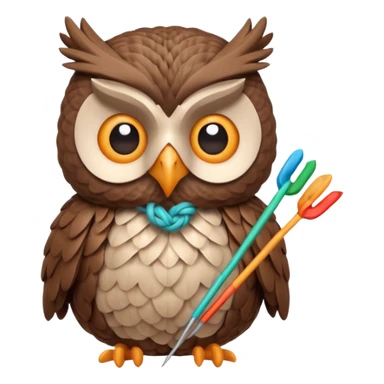 knitting owl portrait, head and shoulders only, cute owl holding knitting needles and yarn, cozy expression, warm handmade vibe, soft feathers, 3D cartoon style, mobile game icon style, clean background, no text, no watermark
 sticker