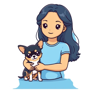 Uma mulher com pele clara rosto arredondado cabelo meio cacheado marrom escuro e meio claro com um blusa azul um pouco clara segurando uma chihuahua pelo longo, cor black tan sticker