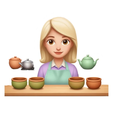 cartoon Apple iOS emoji style woman, pastel colors, Chilean wooden kitchen background, clay pots, warm light, detailed and clean vector art sticker