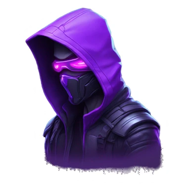 Side view developer behind his laptop with this style : crysis Cyberpunk Valorant neon glowing bright purple character purple violet black hooded assassin themed character sticker