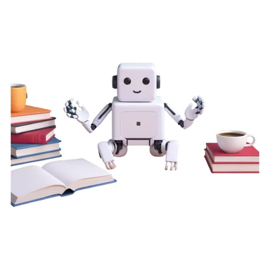 Cute desk companion bot — small cube-shaped AI assistant with articulated arms, sitting on a desk with books and coffee. sticker