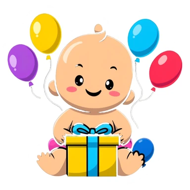 happy baby surrounded by birthday presents and colorful balloons sticker