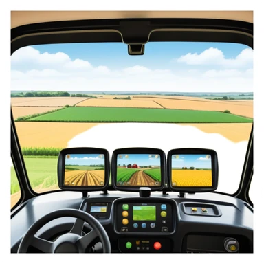 a view from the tractor cabin, with the dashboard in focus, overlooking a vibrant rural landscape. Inspired by Farming Simulator 22, the scene includes fields, crops, and distant barns under a bright sky. The design highlights the immersive experience of farm management. transparent background sticker