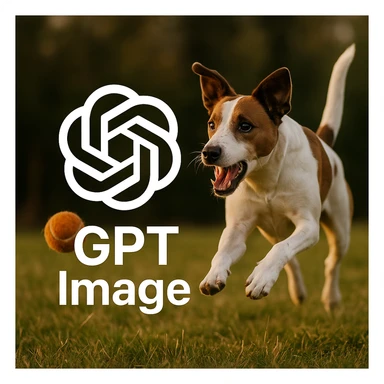  logo of chat gpt with text "GPT Image" on the background of a dog chasing ball, realistic image sticker