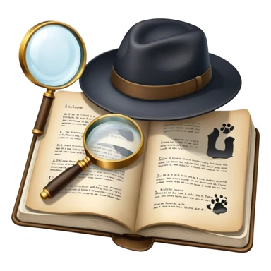 Icon for Detective Reading: an open book with text and a magnifying glass, a detective’s hat and a notebook with clues, surrounded by dark shadows and mysterious elements like footprints. Transparent background. sticker