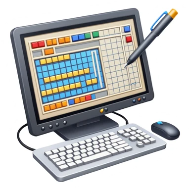 Professional icon for Game Design: computer screen with game interface, 3D models, pixel art, and design tools like grid, wireframe, and stylus. Symbolizes the technical and creative process of game development. Transparent background. sticker