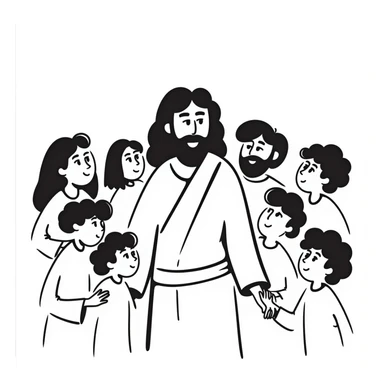 Jesus surrounded by his disciples and followers, peaceful gathering sticker