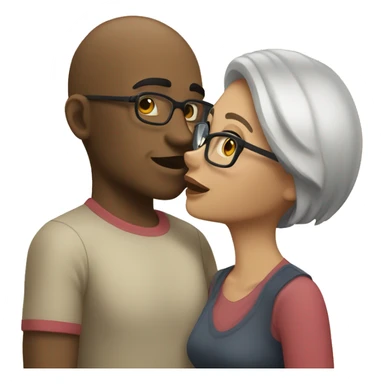 A couple kissing. The girl has short hair and wear glasses. Boy has thick eyebrows good body and a little bald sticker