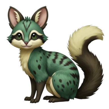 Dark-Green, black-pointed, soft natural realistic romantic vintage antique divine beautiful elegant pretty precious cute young youthful  Fakémon-Pokémon-alien-opossum-squirrel-feline-serval-caracal-chinchilla-Minccino-Cinccino-Meowstic-rodent-hybrid-creature with a big fluffy bushy tail (full body) sticker