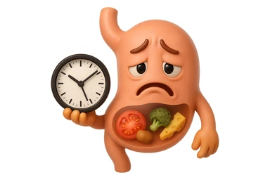 EMOJI STILE IPHONE 3D DI UNo stomaco umano con espressione dolornate, ha del cibo visibile dentro che non sta digerendo. in mano tiene un orologio da muro, iperrealistico 4k sticker