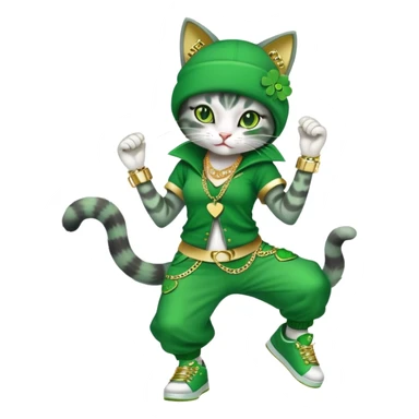 female cat dressed in hip-hop Run DMC style with green outfit, shamrock accessories, gold chains, bling, St. Patrick's Day, break dancing sticker