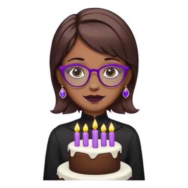 Cute ironic emoji woman, RIP 20’s theme.
Brown medium hair, grey eyes, purple glasses, nose piercing, tooth gem.
Black mourning outfit, cake with 29 candles.
Dark-cute minimal style, flat emoji design, clean lines.
Transparent background. sticker
