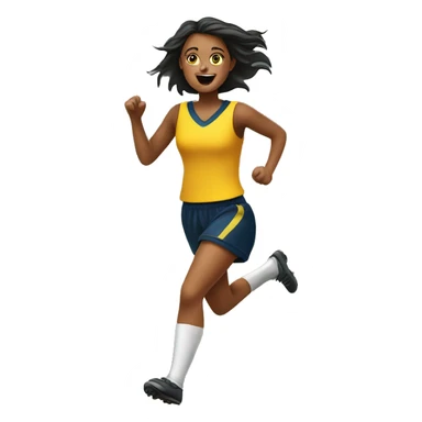 A girl running on a footy field with 2 girls and she has the footy sticker