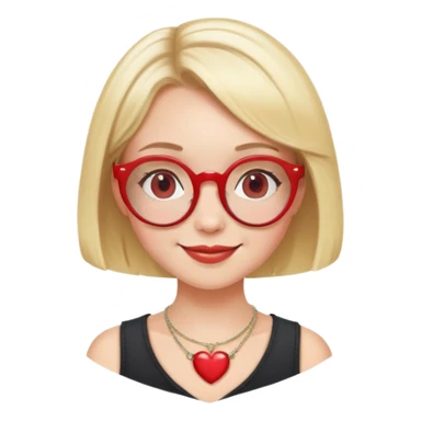 white girl head with short blonde bob hair, red round glasses, heart necklace, smiling sticker