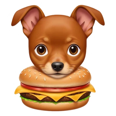 Miniature pinscher dog with white paws eating a giant, juicy hamburger sticker