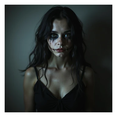 realistic horror portrait of a beautiful scary girl with supernatural beauty, unsettling expression, horror lighting, gothic style sticker