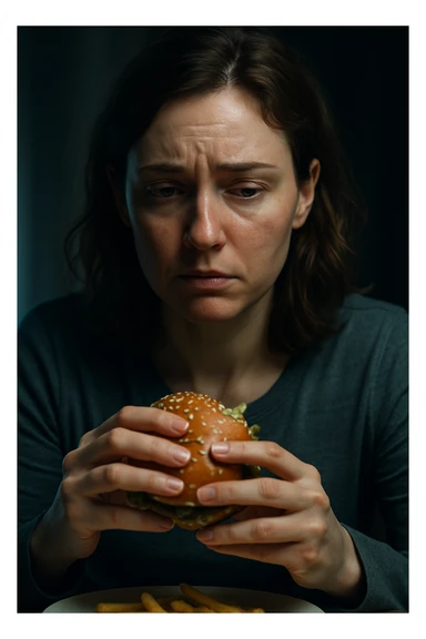 realistic and cinematic image of a woman with symptoms of nervous hunger related to menstrual cycle, gaze directed towards food, realistic details, clinical dramatic lighting, no text, vertical 2:3 format sticker