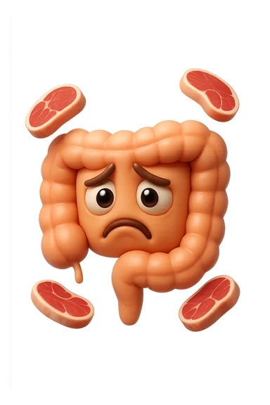 emoji stile iphone in 3d di un intestino triste con fette di carne che gli fluttuano intorno, gli occhi falli con la parte bianca pure, iperrealistico 4k sticker