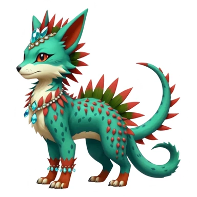 Kawaii cute greenish reddish colorful warm-colored exotic tropical beautiful pretty elegant divine edgy feline-vernid-sergal-Fakémon-Pokémon-fursona-animal-creature with accessories, jewelries, full body, with intricate detailed markings, spikes, crystals, fins, scales, spiny, feathered, headdress sticker