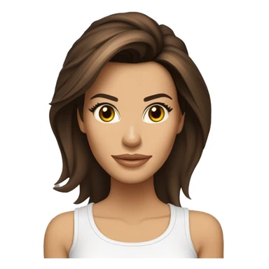 visage 3/4, contrasté, ombre, lumière, expression eva longoria, debout de loin, nez fin, femme brune, yeux noisette, longs cils, cheveux foncés dégradés épaule, t-shirt blanc, jean, baskets blanches sticker