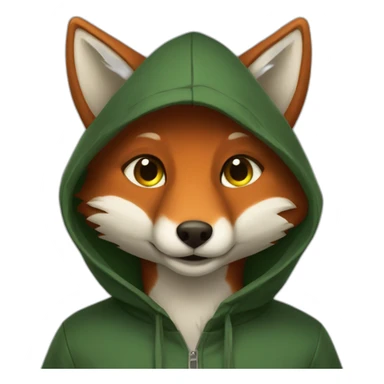 a small dark brown fox with orange eyes with a dark green hood that smile sticker