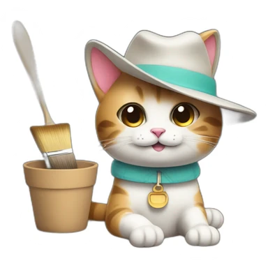 Kawaii cat artist in hat holding palette and brush so it can be used as a mouse cursor sticker