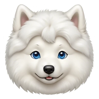Cinematic Cute Samoyed Portrait Emoji, Head tilted playfully and inquisitively, featuring a fluffy, pristine white Fur with a natural sheen, round, sparkling blue eyes filled with curiosity, Simplified yet irresistibly adorable features, highly detailed, glowing with a warm, friendly glow, high shine, affectionate and lively, stylized with a touch of whimsy, bright and endearing, soft glowing outline, capturing the essence of a mischievous yet loving companion, so playful it feels like it could frolic out of the screen and into your arms! sticker