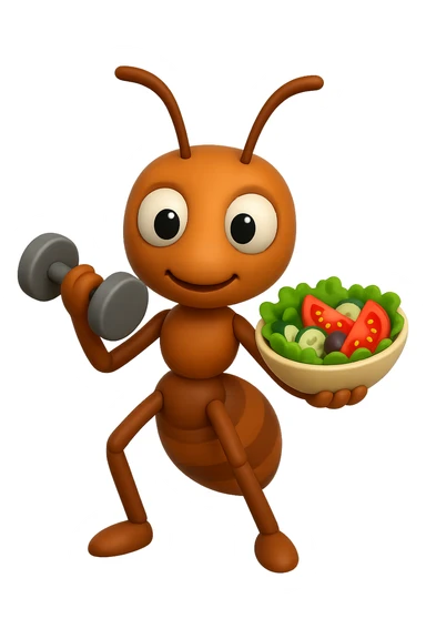 EMOJI STILE IPHONE 3D DI UNA formica CHE ha un manubrio da palestra nella mano destra e un insalata nella mano sinistra, FAGLI GLI OCCHI CON LA PARTE BIANCA, NON SOLO LA PUPILLA sticker