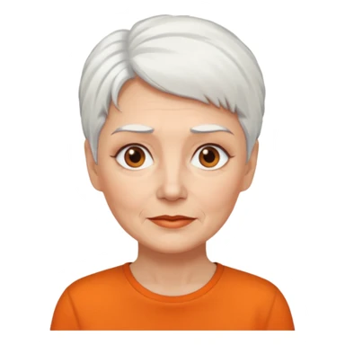 older white haired woman with orange shirt short white hair make eyebrows brown sticker