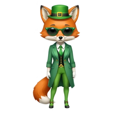 serious anthropomorphised female fox in stylish St. Patrick's Day outfit with sunglasses, looking sad and alone, full-body view sticker