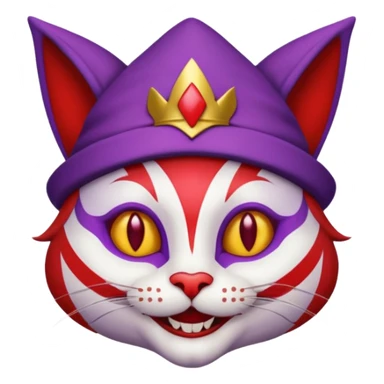 crazy colorful cute little cat jolly joker from poker, medieval, vintage, court jester, mac os icon, purple, gold and red color, half body sticker