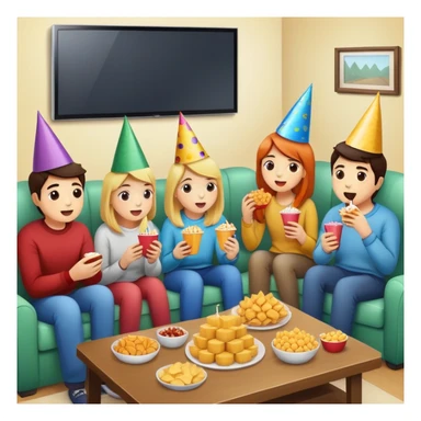 group of friends watching TV with snacks, party scene sticker