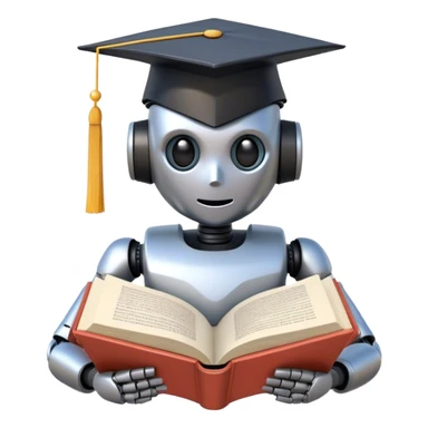 non-anthropomorphic robot reading a big book with graduation head sticker