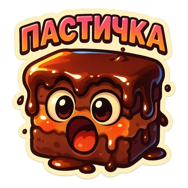 Rectangular chocolate mini pastry, slightly messy and squished, chocolate dripping, big round eyes, wide open mouth, playful surprised expression, text above: "ПАСТИЧКА", chibi style, Twitch emoji style, transparent background, colorful

 sticker