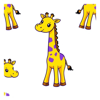 joyful cartoon giraffe dancing on hind legs, front hooves raised, big toothy smile, stars in eyes, bright yellow and brown, thick black outlines sticker