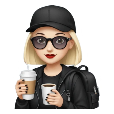 ["A happy woman with light skin, bald, wearing a baseball cap and sunglasses, dressed in goth fashion, is drinking coffee while holding a backpack."] sticker
