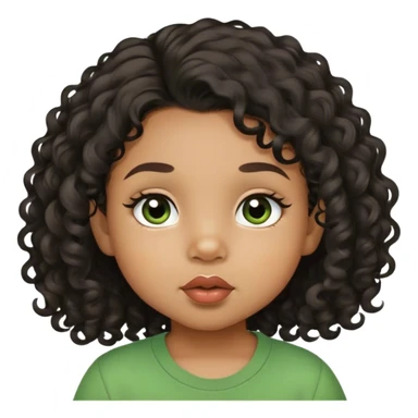 light brown skin tone, very adorable toddler, with big plump lips, long long lashes, black curly hair, middle hair parting, brown eyes, green shirt sticker