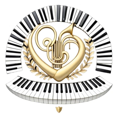 Create an elegant and festive emoji collage representing keyboard instruments, styled like a heraldic emblem. The design should feature a central focal point of black and white piano keys, arranged in a semi-circular or shield-like shape. Around the piano keys, add intertwining musical notes that form flowing ribbons, creating a dynamic and celebratory atmosphere. The design should be professional, with polished silver and gold accents on the keys and notes, highlighting the luxury and sophistication of the instruments. Add subtle shading and lighting effects to give the design a refined, 3D appearance. The background should remain transparent, and the overall feel should evoke grandeur, artistry, and a sense of celebration. sticker