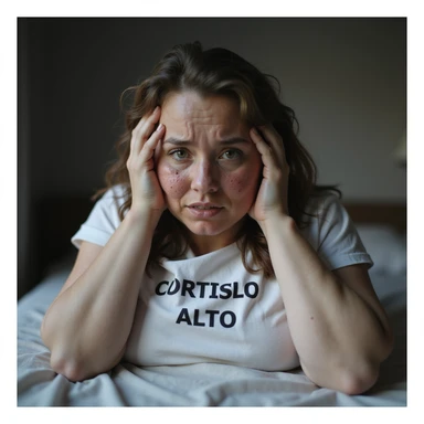 woman with PCOS and high cortisol, face with acne and chin hair, thin hair, visibly stressed expression, red eyes and dark circles, slightly overweight body, sheet with the text 'CORTISOLO ALTO' on the table, realistic home environment, hyperrealistic 4K details sticker
