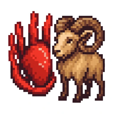 Edit the image to make the claw symbol red and add a ram in pixel art style. Remove the background. The style should be pixel art with pixelated details and colors. sticker