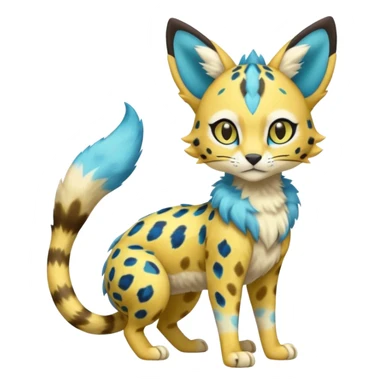 Colorful Yellow Meloetta-Sergal-Serval-Genet-Pokémon-Digimon-Fakémon-fusion-hybrid-creature with Cyan stripes and blue leopard-spot-markings  sticker